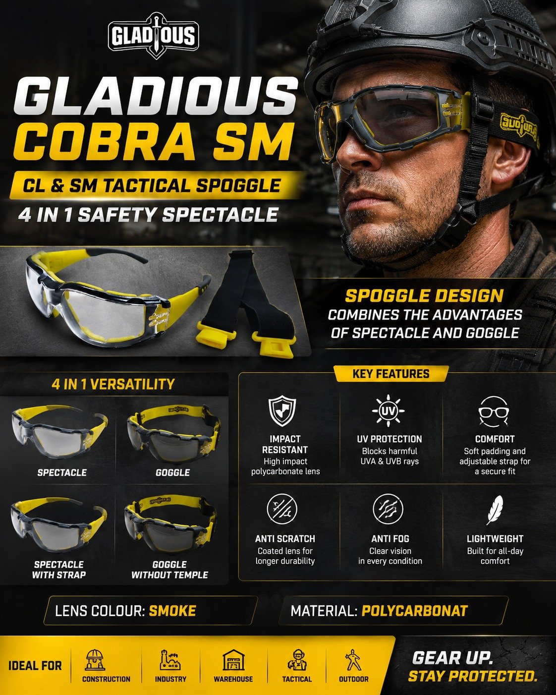 Gladious Cobra SM 4-in-1 Safety Spoggle - Smoke Lens