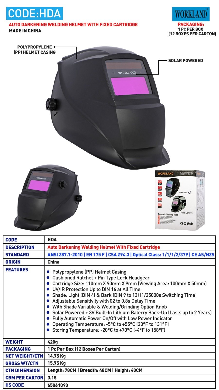 Workland Auto-Darkening Welding Helmet with Fixed Cartridge (HDA)